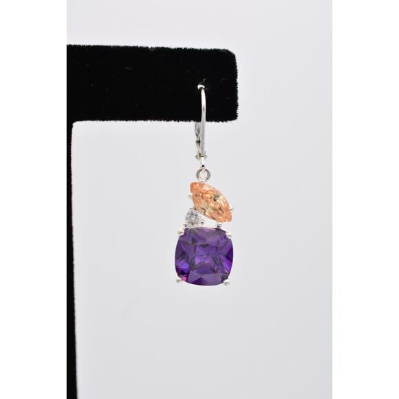NVC Crystal Dangle Earrings Purple Orange Rhinestone Silver Tone Signed BinAK - Picture 7 of 12